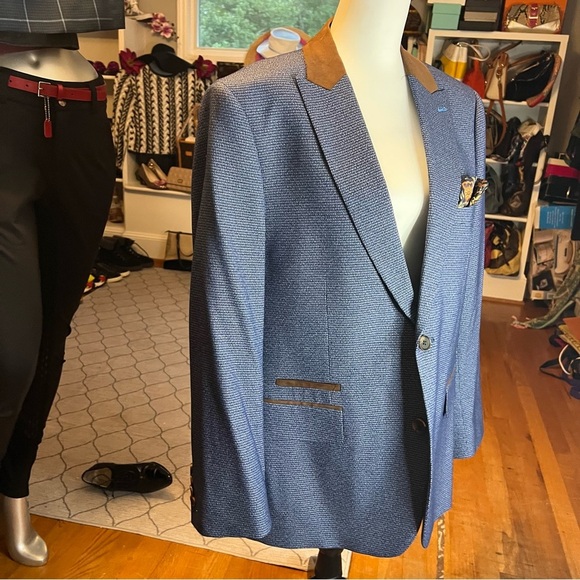 HARRY BROWN Blue houndstooth Blazer with Tan Accents Size 44s Slim Fit - Picture 10 of 11